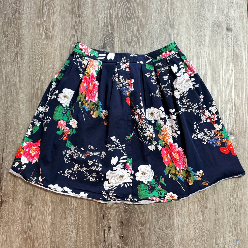 Grace Karin A-Line Skirt Womens Size M‎ Navy Blue Floral Pleated Short Stretch